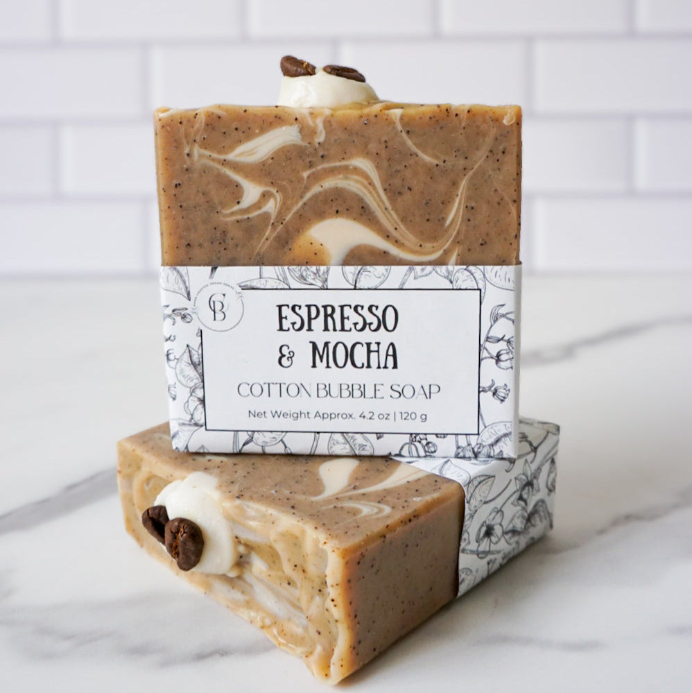 Two bars of soap with a marbled pattern and a visible label on a white surface.