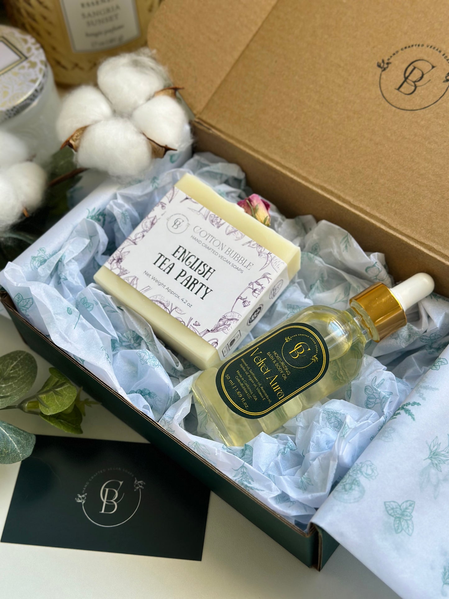 Natural Soap & Body Oil Gift Set – Luxurious Skincare Duo | Cotton Bubble Soap
