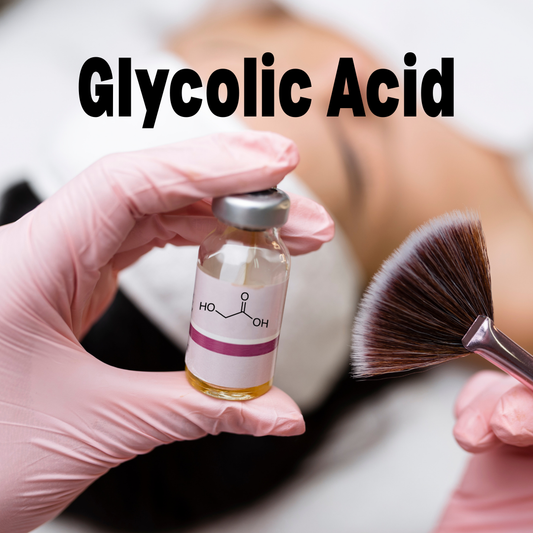 Hand holding a vial of chemical with glycolic acid molecule structure