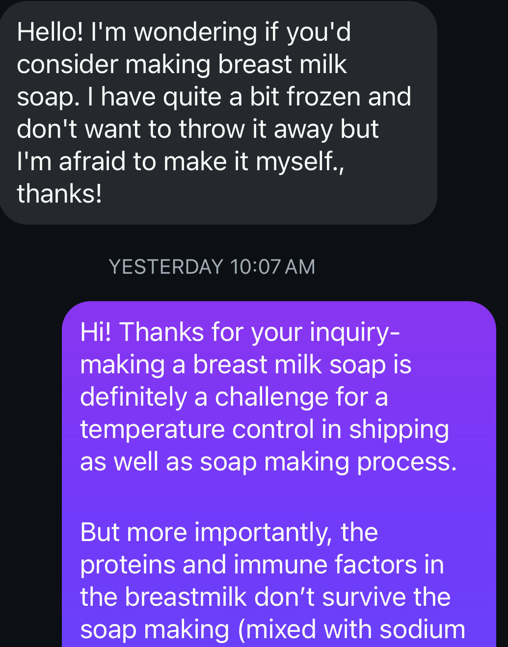 text conversation on breast milk soap