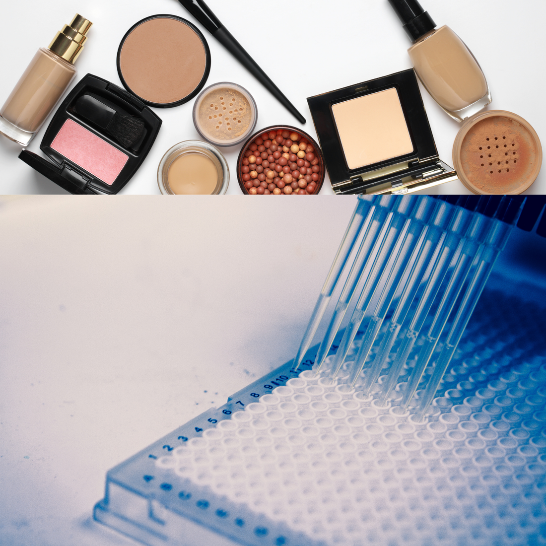 Multiple cosmetics and make up and a lab grade plate with a multichannel pipet