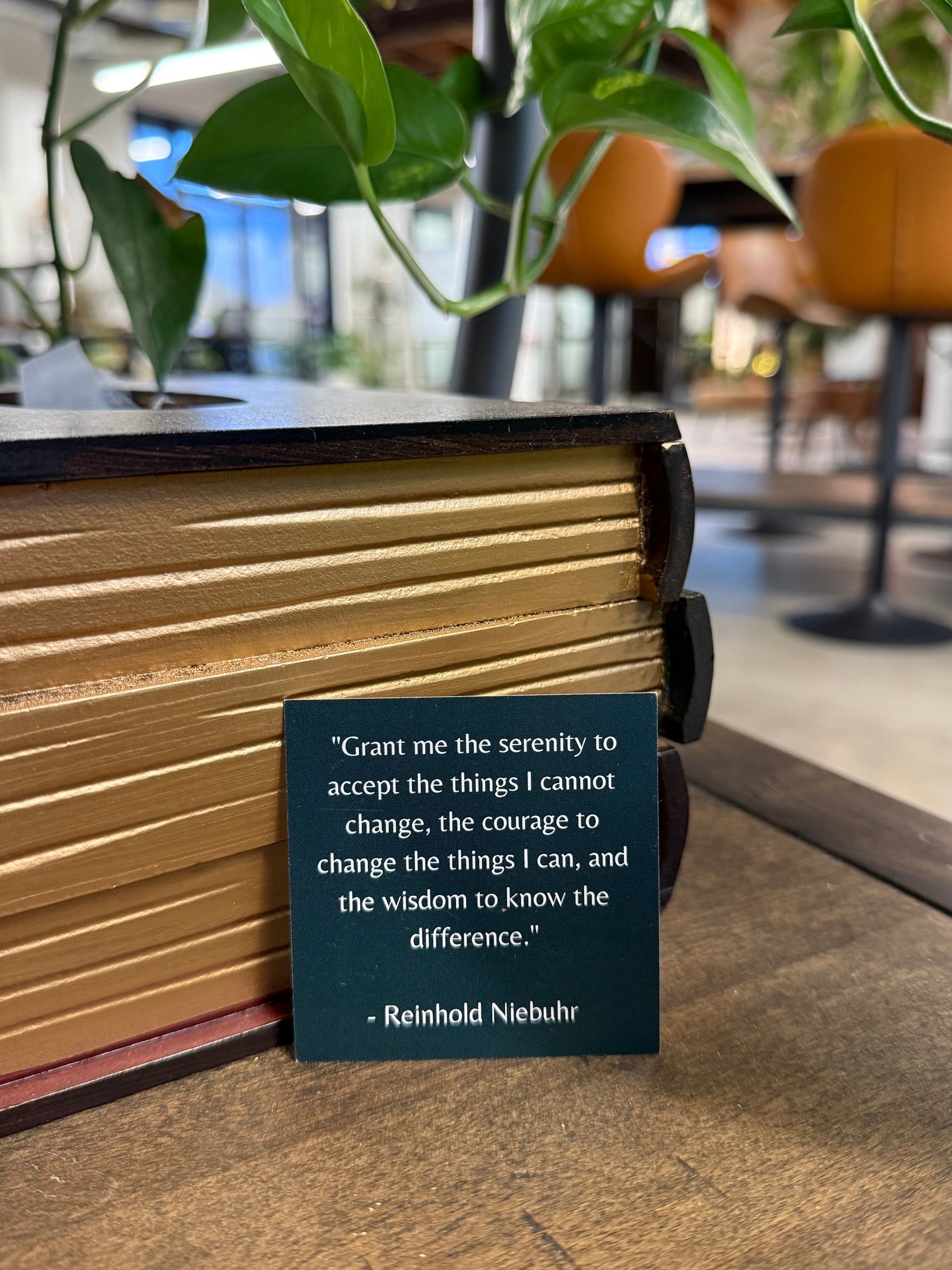 Book with a quote card on a wooden surface, surrounded by plants