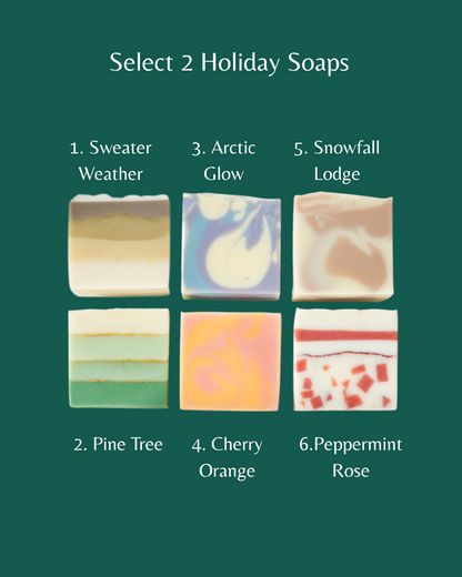 Six holiday soaps with names on a green background