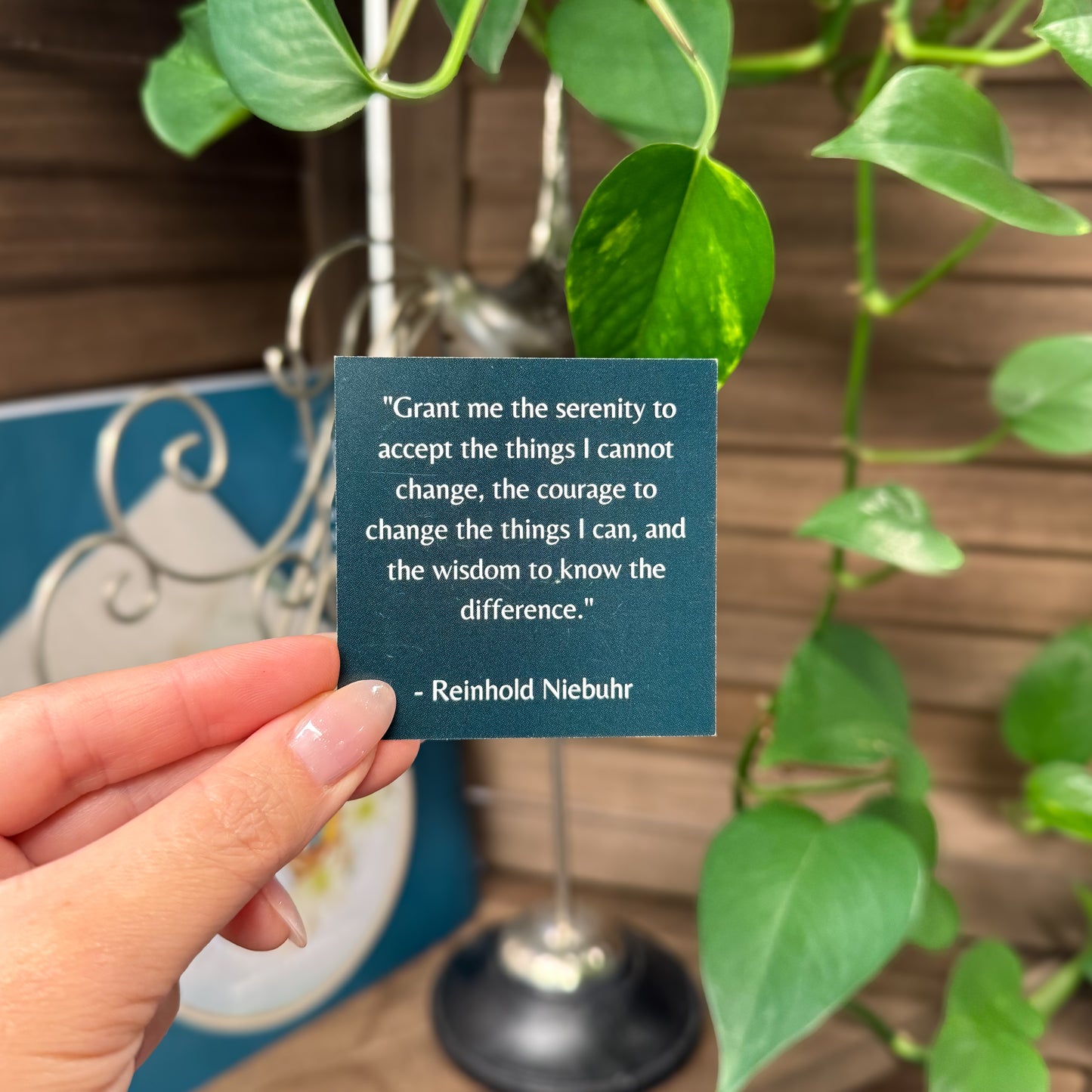 Hand holding a blue card with a quote by Reinhold Niebuhr in front of a plant.