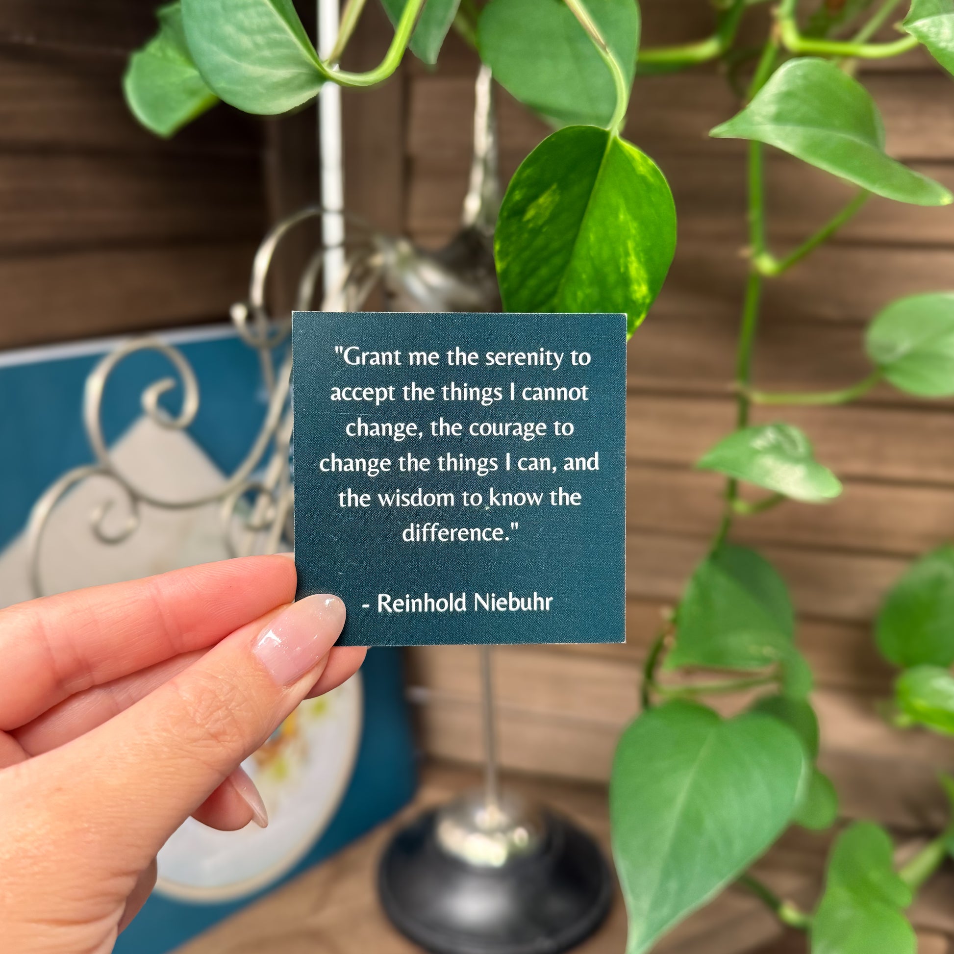 Hand holding a blue card with a quote by Reinhold Niebuhr in front of a plant.