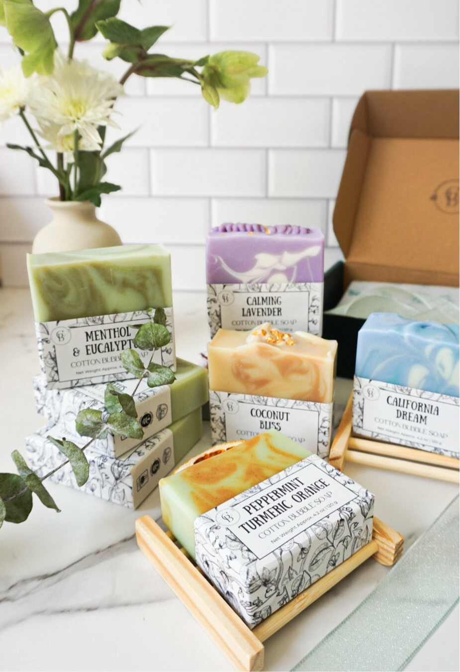 Variety of soaps including menthol and eucalyptus soaps